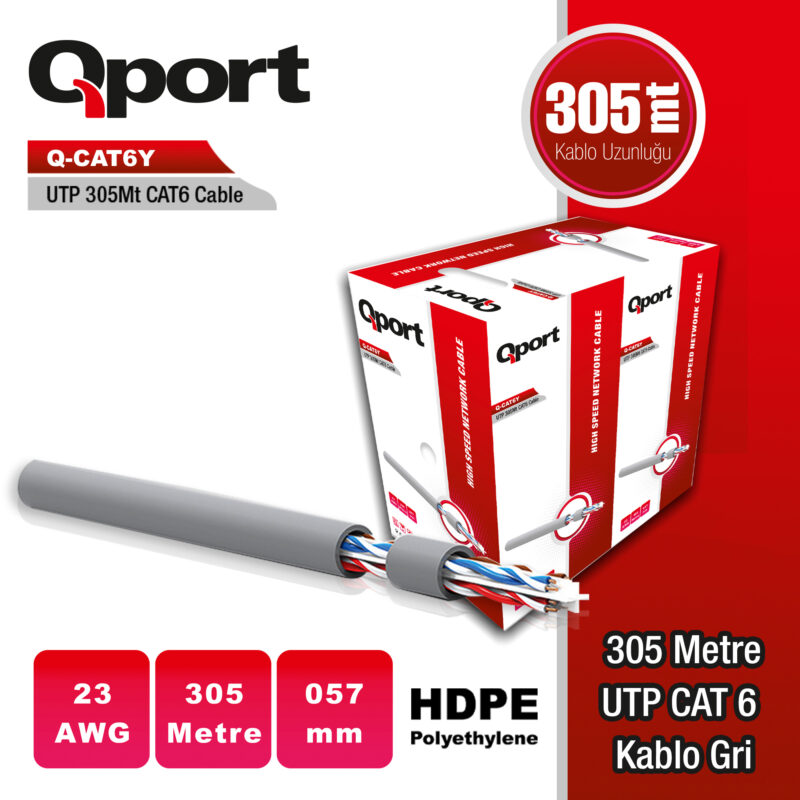 QPORT Q-CAT6Y 305 METRE 23AWG GRI CAT6 UTP PE KABLO