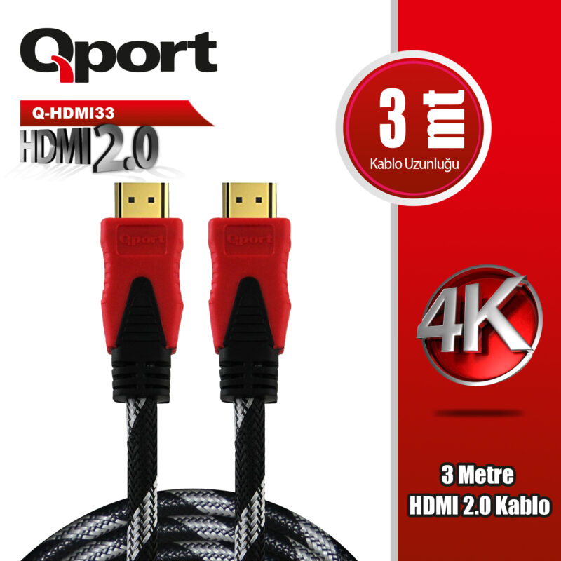 QPORT Q-HDMI33 3 METRE 2.0V 4K  ALTIN UÇLU ÖRGÜLÜ KABLO