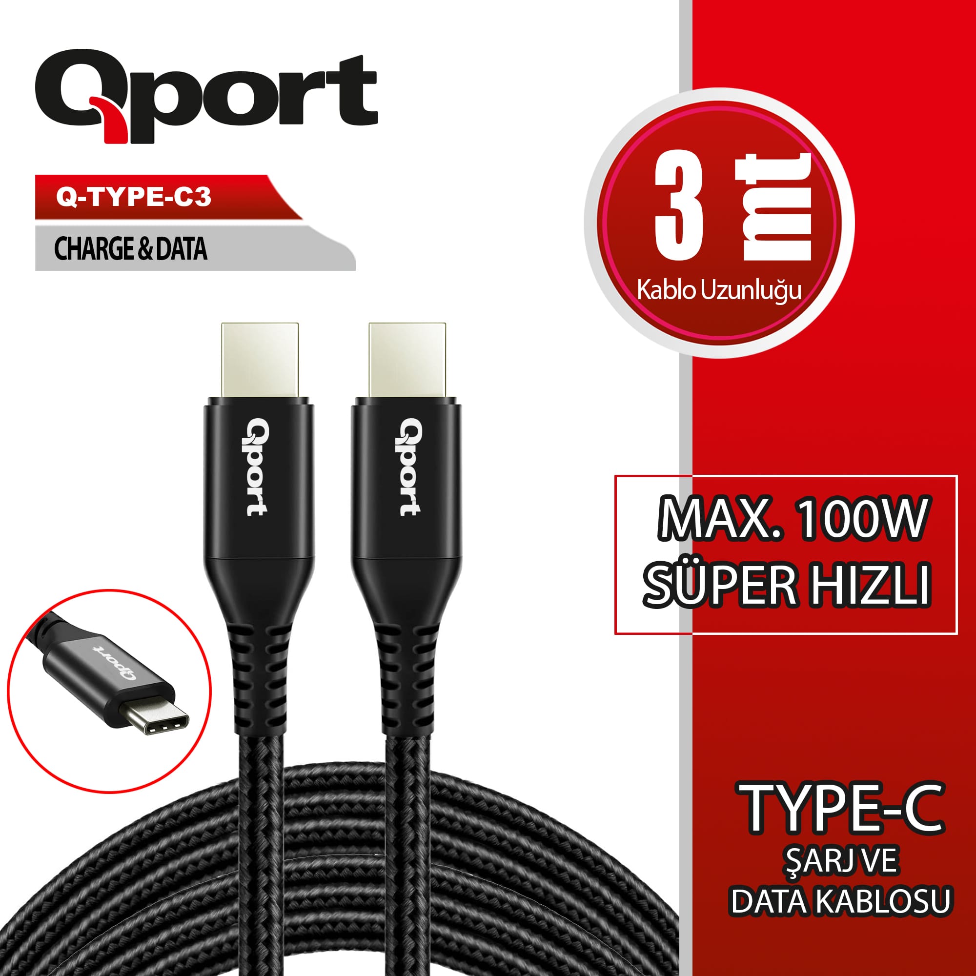 QPORT Q-TYPE-C3 3M TYPE-C 100W SUPER HIZLI PD SARJ VE DATA KABLOSU